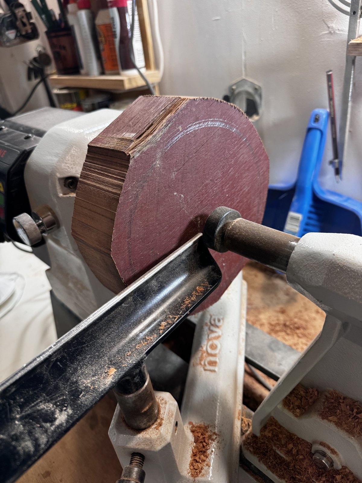Timber blank mounted on the lathe