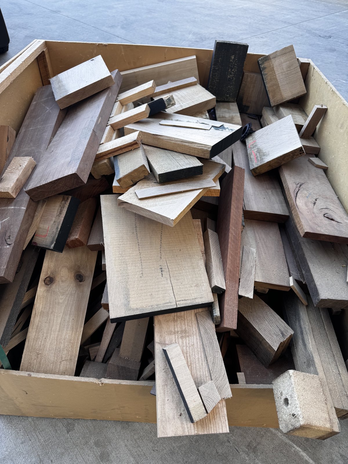 Crate of reclaimed timber offcuts